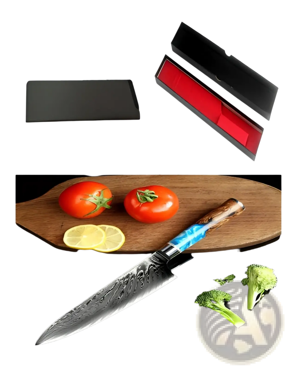 A damascus steel chef knife with a sleek blade and vibrant blue resin wood handle for professional kitchen use