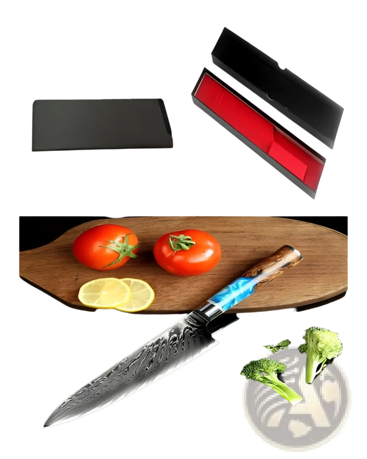 A damascus steel chef knife with a sleek blade and vibrant blue resin wood handle for professional kitchen use