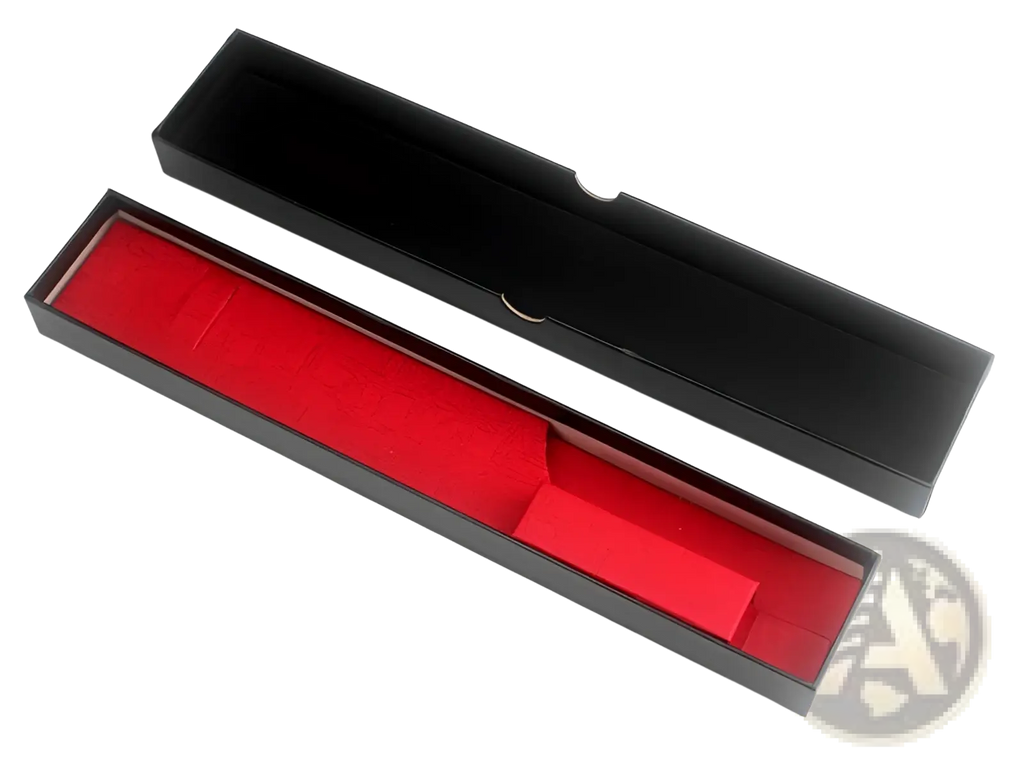 Black rectangular gift box with red velvet interior and small cutout lid for damascus steel chef knife with blue resin handle