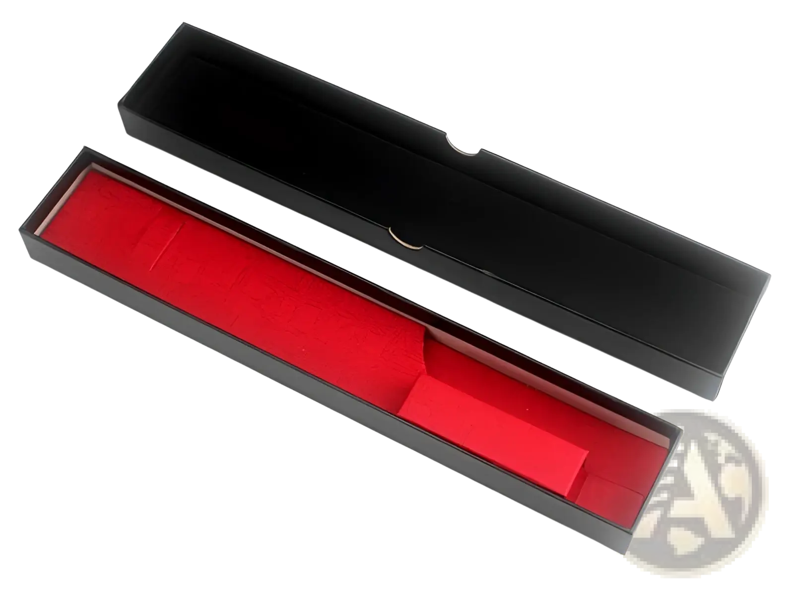 Black rectangular gift box with red velvet interior and small cutout lid for damascus steel chef knife with blue resin handle