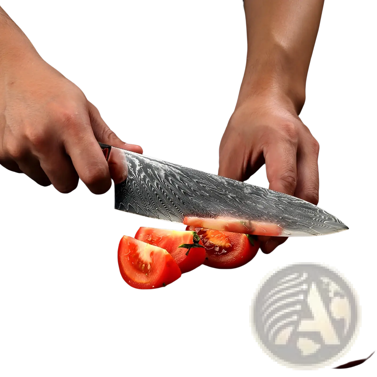Damascus steel chef knife with blue resin wood handle slicing ripe red tomatoes on a wooden cutting board