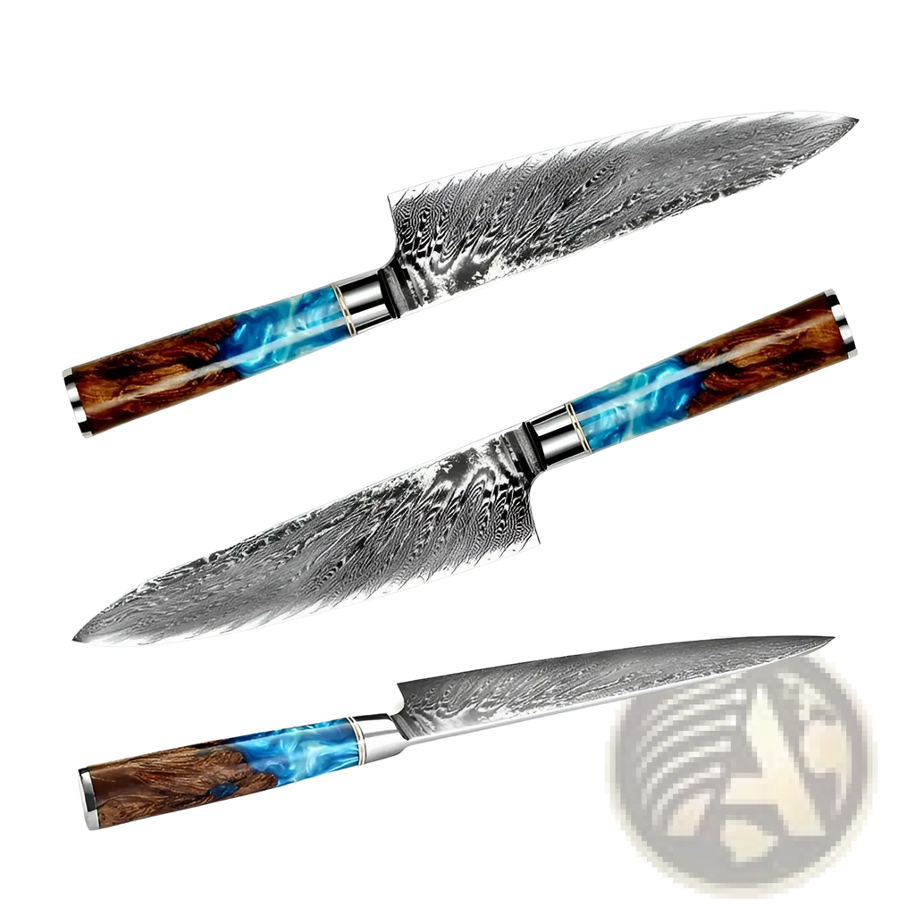 Three japanese-style damascus steel chef knives with blue resin wood handles designed for kitchen use
