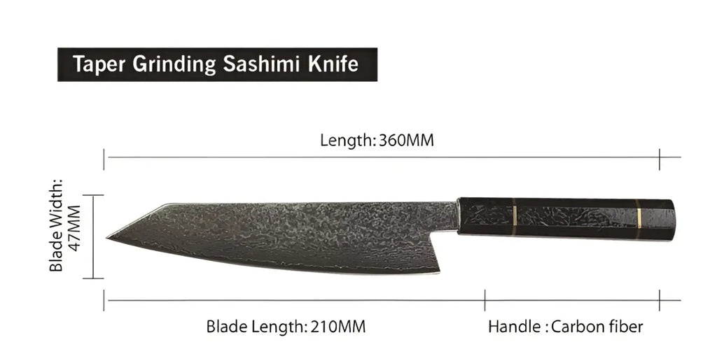 Damascus steel chef knife with blue resin wood handle featuring a taper grinding sashimi blade and carbon fiber handle
