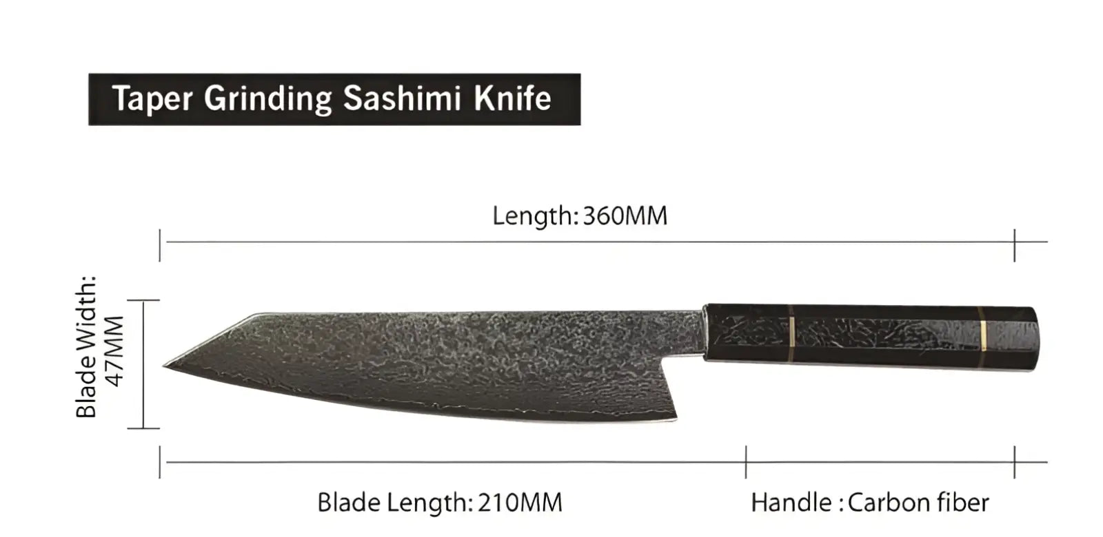 Damascus steel chef knife with blue resin wood handle featuring a taper grinding sashimi blade and carbon fiber handle