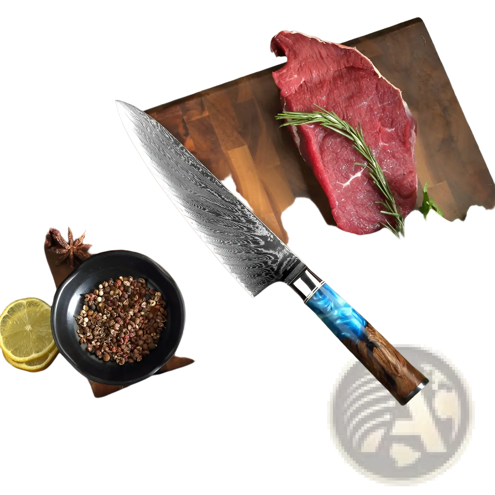 A damascus steel chef knife with blue resin wood handle rests on a wooden board beside raw steak