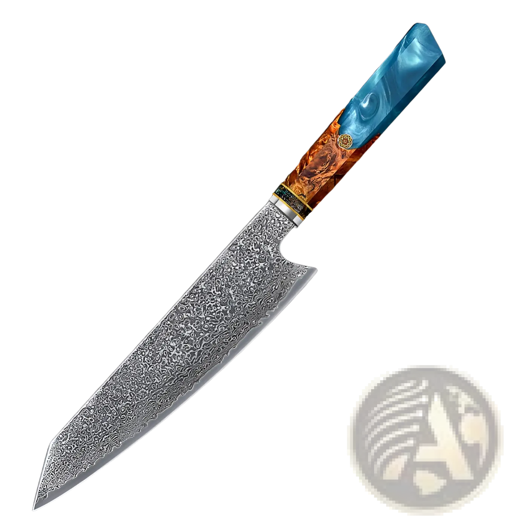 A damascus steel chef knife with intricate patterns and a blue resin fused amber wood handle