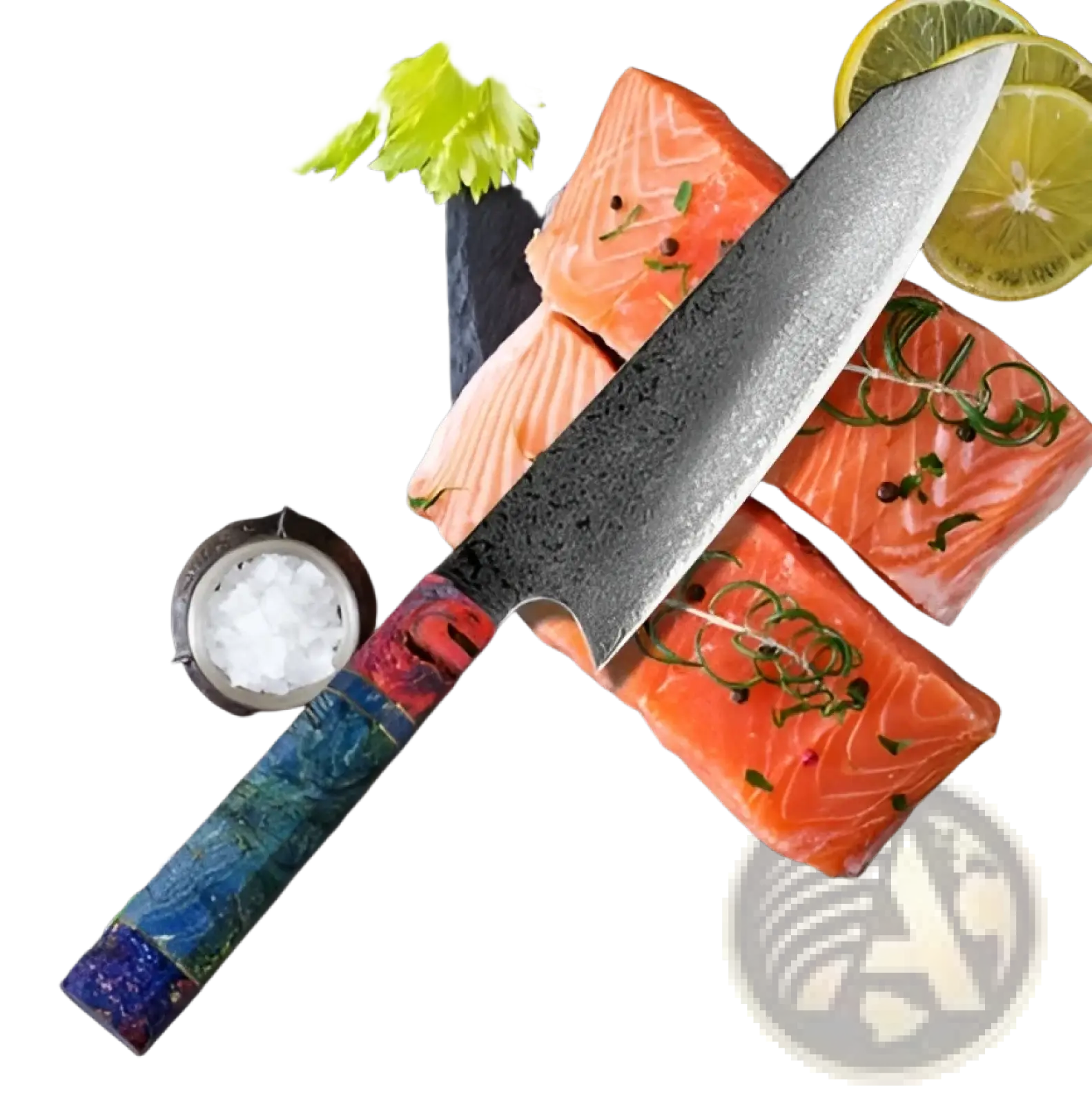 A damascus steel chef knife with a vibrant blue resin wood handle and a textured multicolored marbled blade