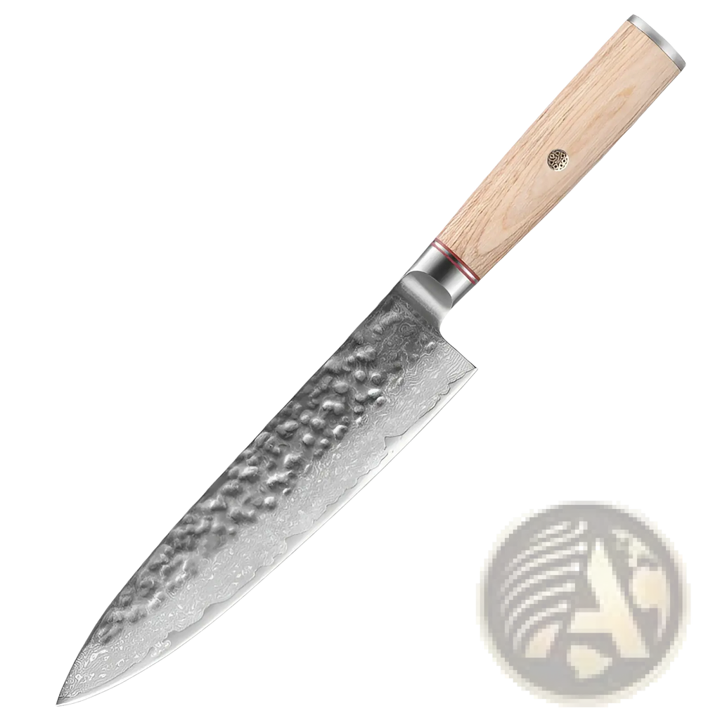 A sleek chef knife with hammered damascus steel blade and light wood handle from the 7 piece damascus steel set