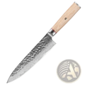A sleek chef knife with hammered damascus steel blade and light wood handle from the 7 piece damascus steel set