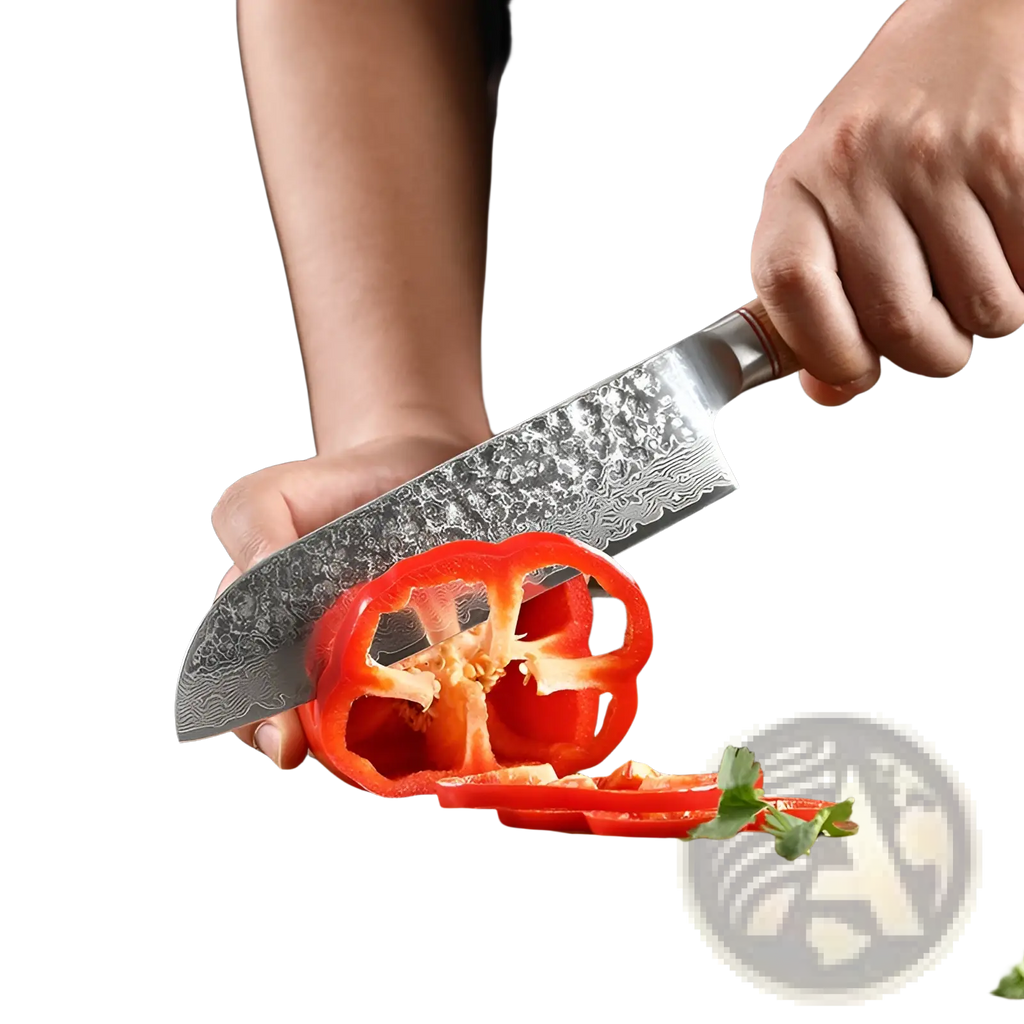 A damascus steel chef knife set 7 piece hammered wood handle slicing a red bell pepper on a wooden cutting board