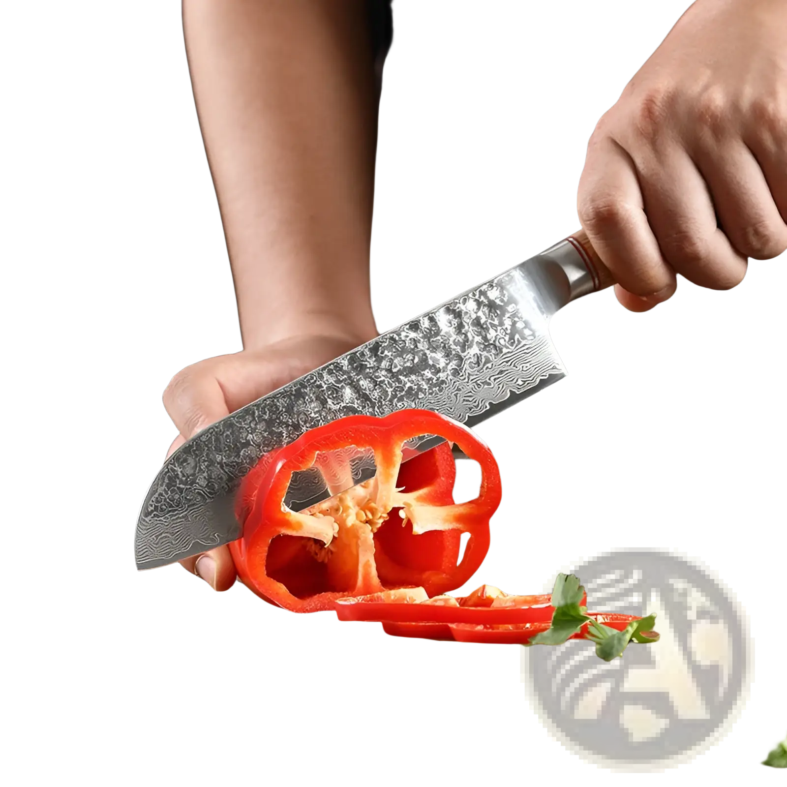 A damascus steel chef knife set 7 piece hammered wood handle slicing a red bell pepper on a wooden cutting board