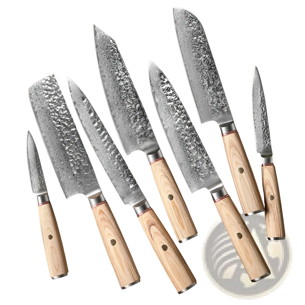 Set of seven damascus steel kitchen knives with hammered blades and light wood handles in a 7 piece chef set