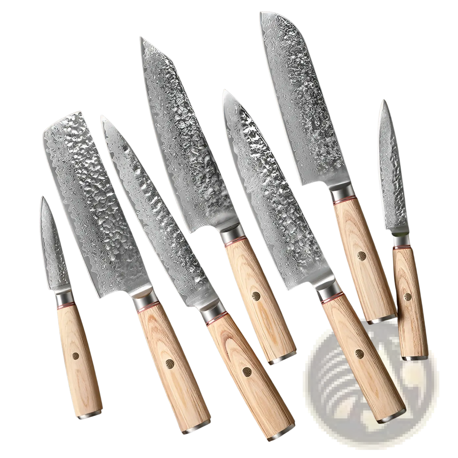 Set of seven damascus steel kitchen knives with hammered blades and light wood handles in a 7 piece chef set
