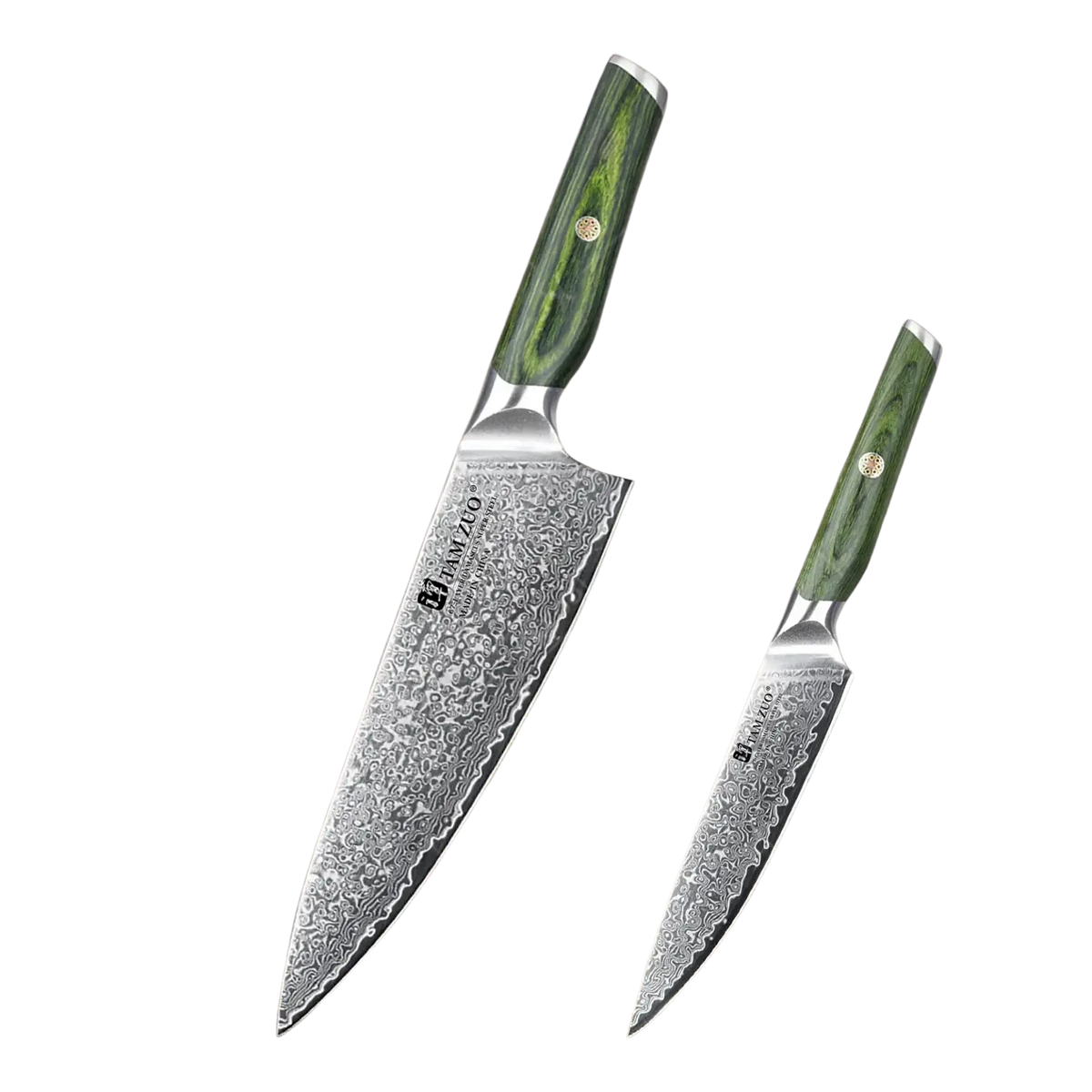 A pair of damascus steel chef knives with intricate blades and green handles designed for professional kitchens