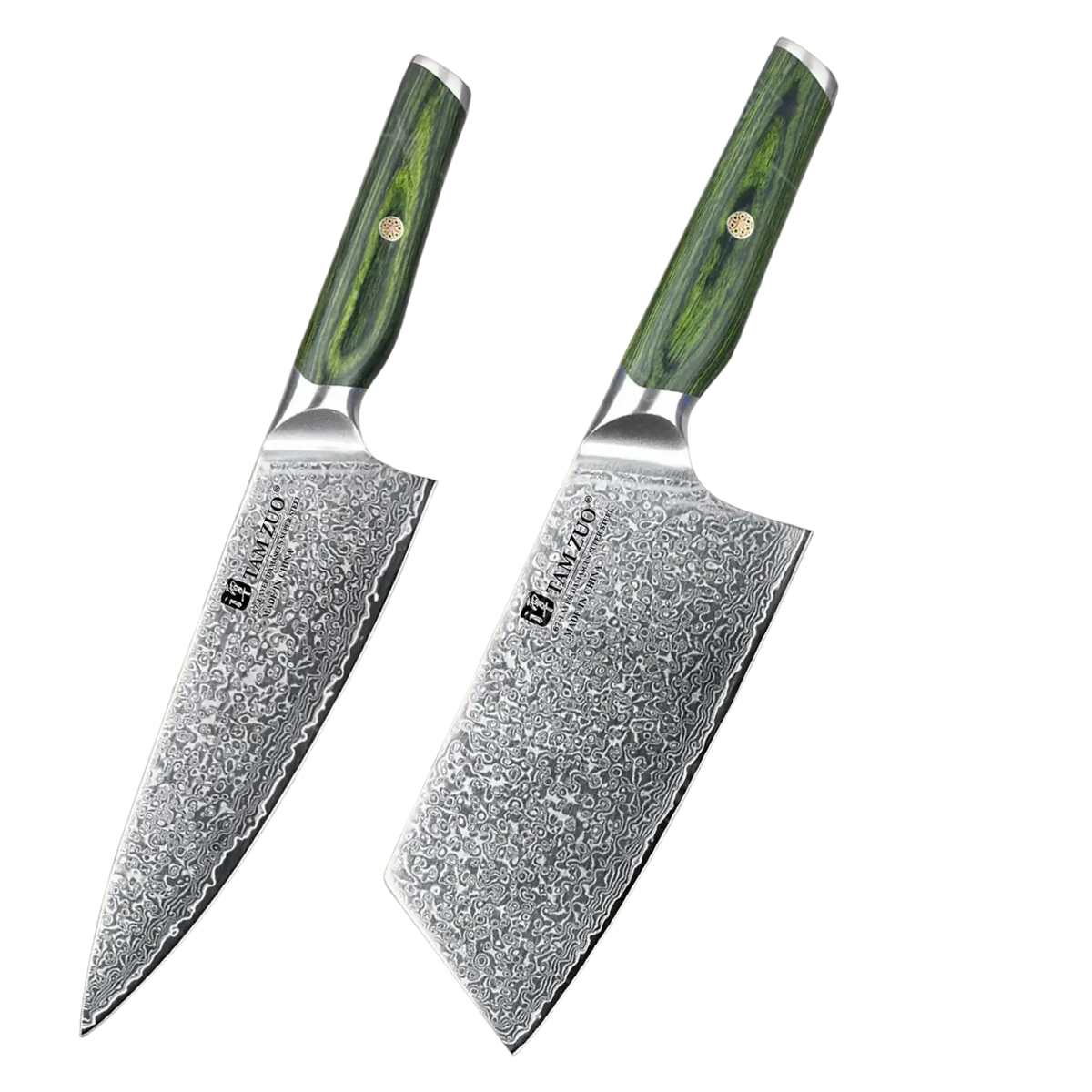 Pair of tanyzoo damascus steel chef knives with distinctive green wood handles for professional kitchen use