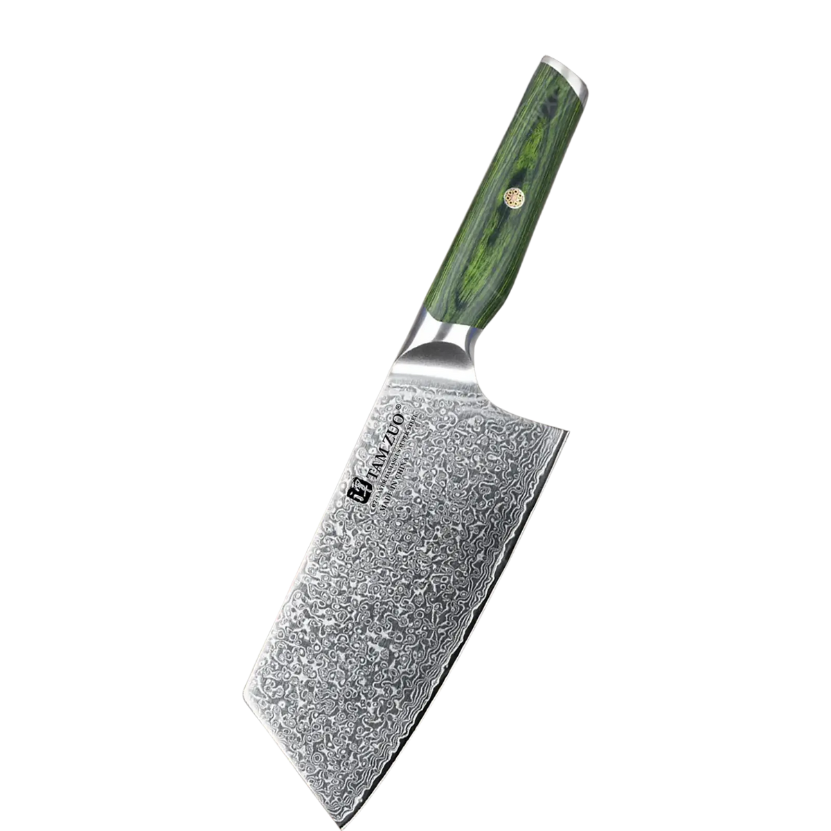 A sleek damascus steel chef knife with green wood handle and silver bolster from the damascus steel chef knife set
