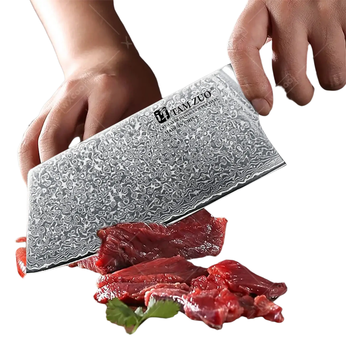 A sleek damascus steel chef knife with distinctive wavy pattern and black handle from damascus steel chef knife set green handle
