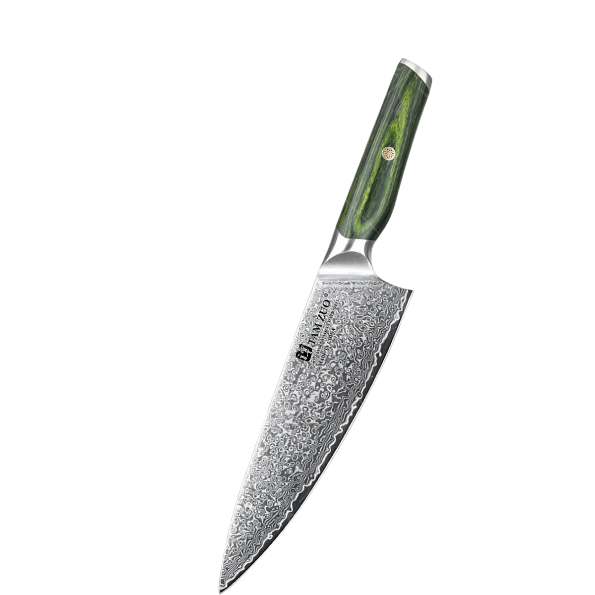 A sleek damascus steel chef knife with a green and black patterned handle from the damascus steel chef knife set