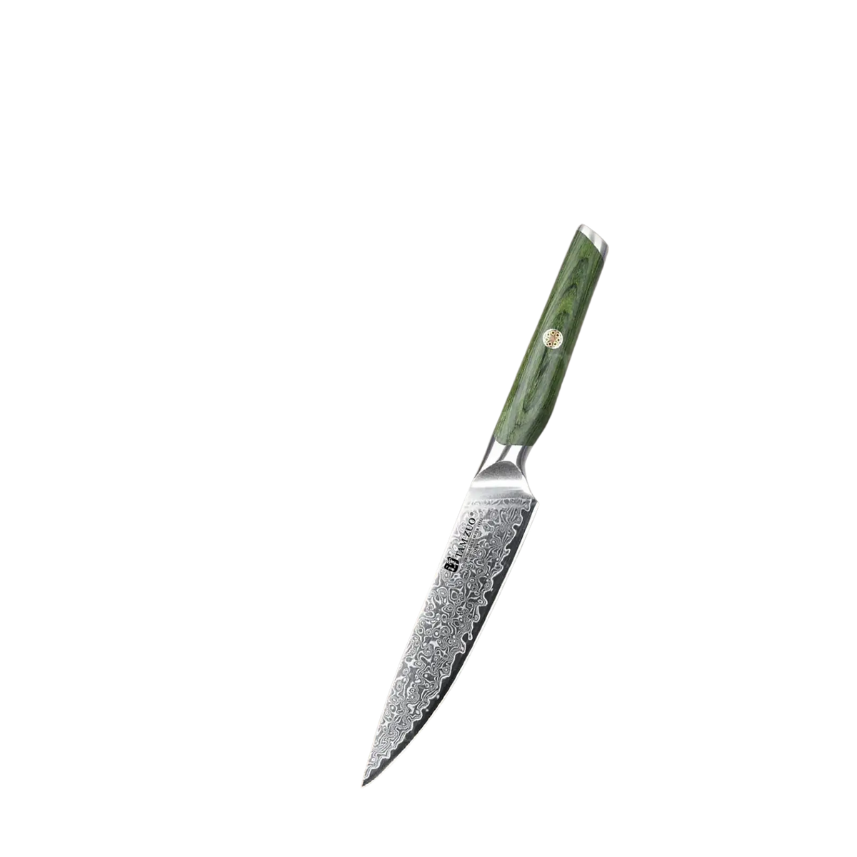 A damascus steel chef knife set with a green wooden handle featuring the wycoo brand engraving near the bolster