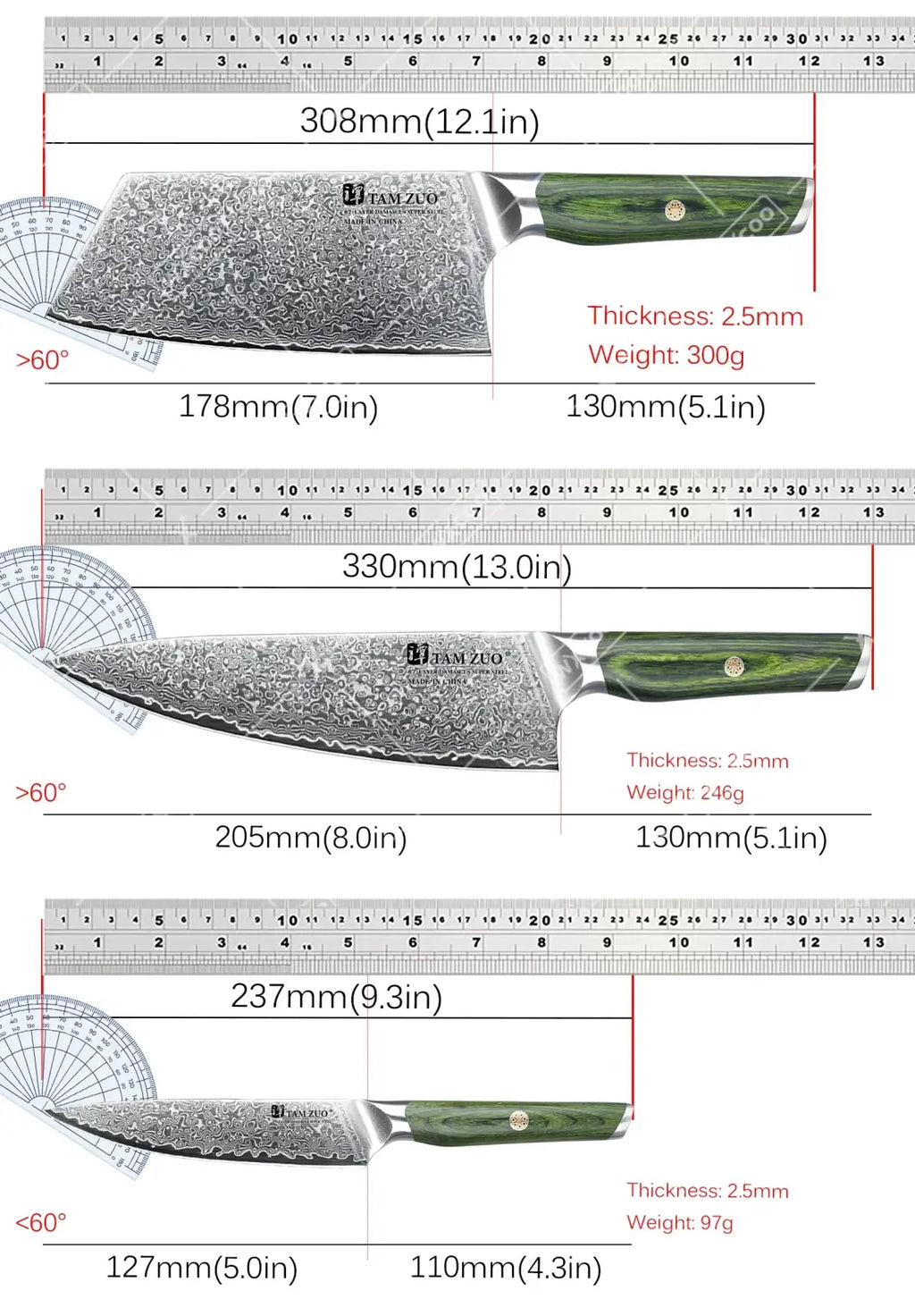 Set of three damascus steel chef knives with green handles featuring varying blade lengths and weights for versatile use