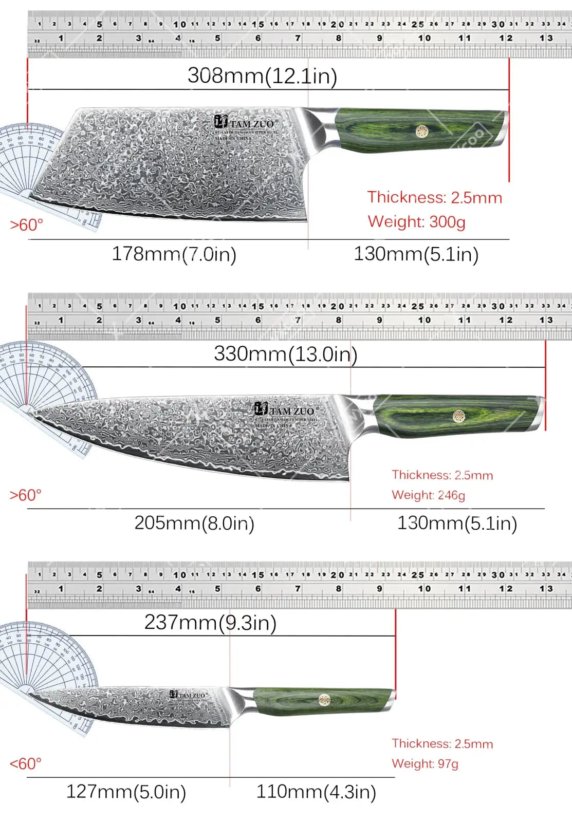Set of three damascus steel chef knives with green handles featuring varying blade lengths and weights for versatile use