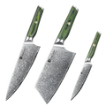 Set of three damascus steel chef knives with green marbled handles branded hamzoo for professional kitchen use