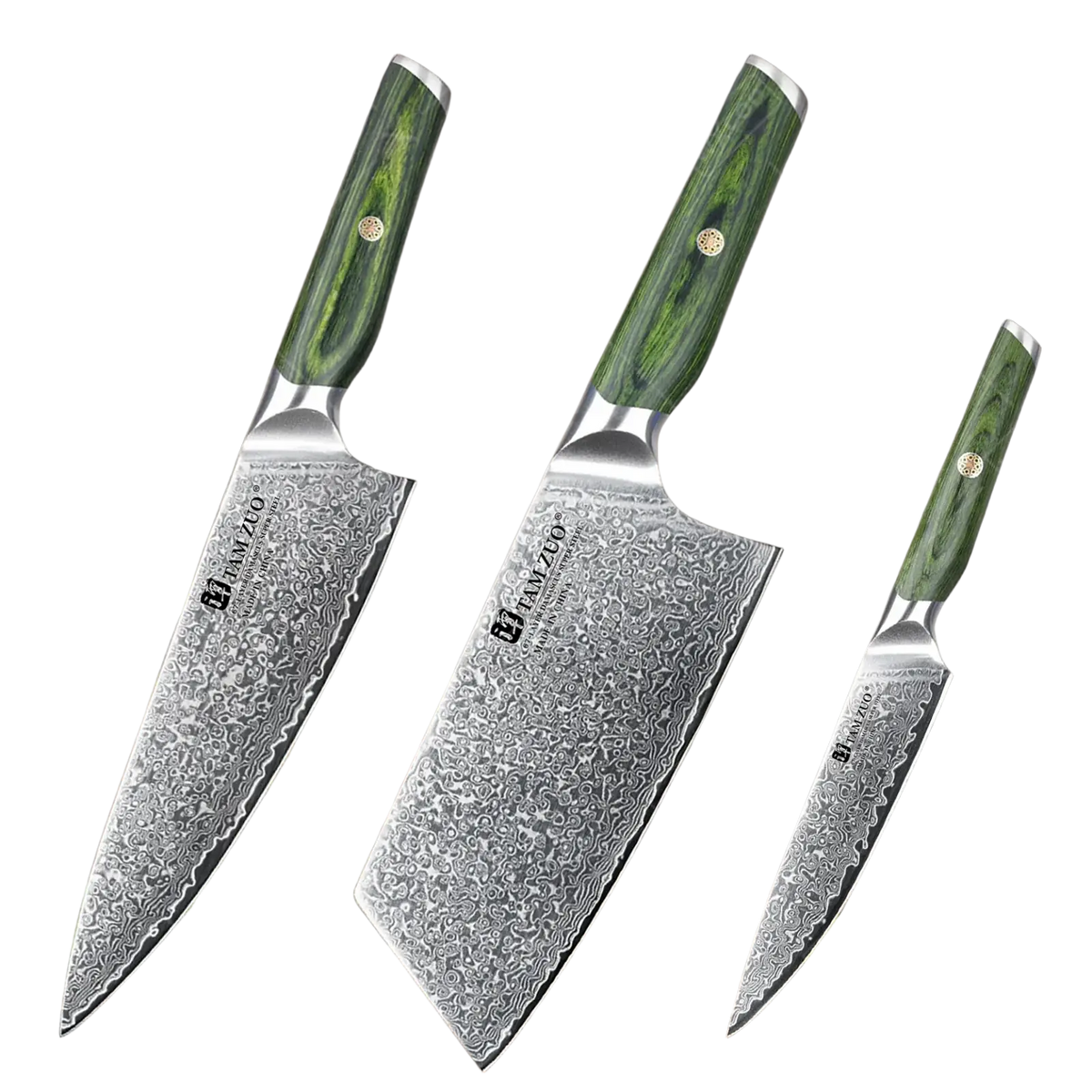 Set of three damascus steel chef knives with green marbled handles branded hamzoo for professional kitchen use