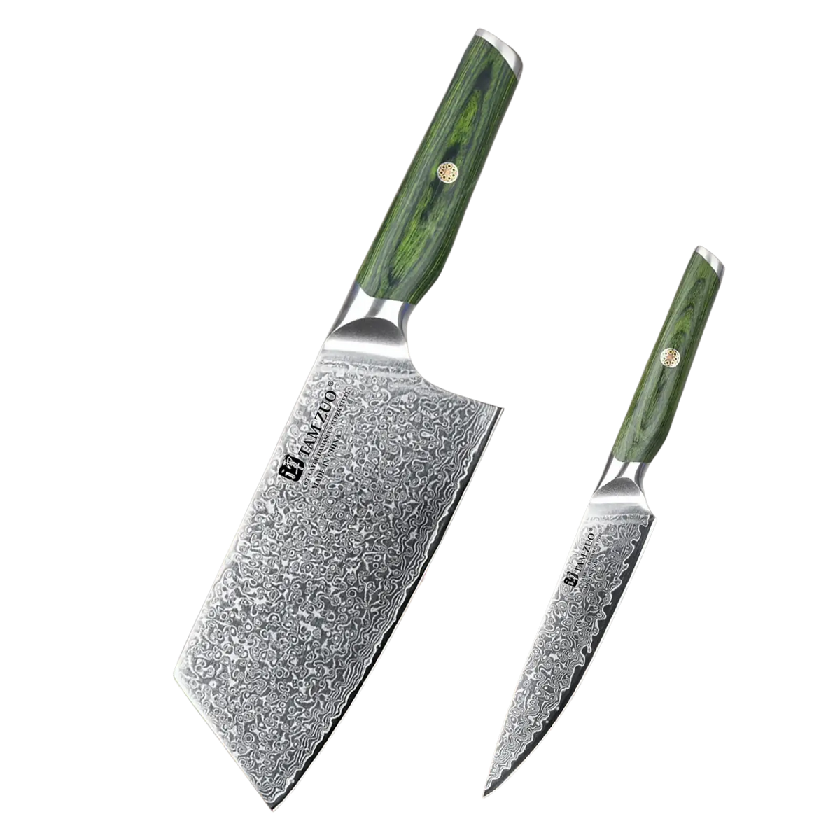 Set of two fanyzoo chef knives with green wood handles and damascus steel blades for professional kitchen use