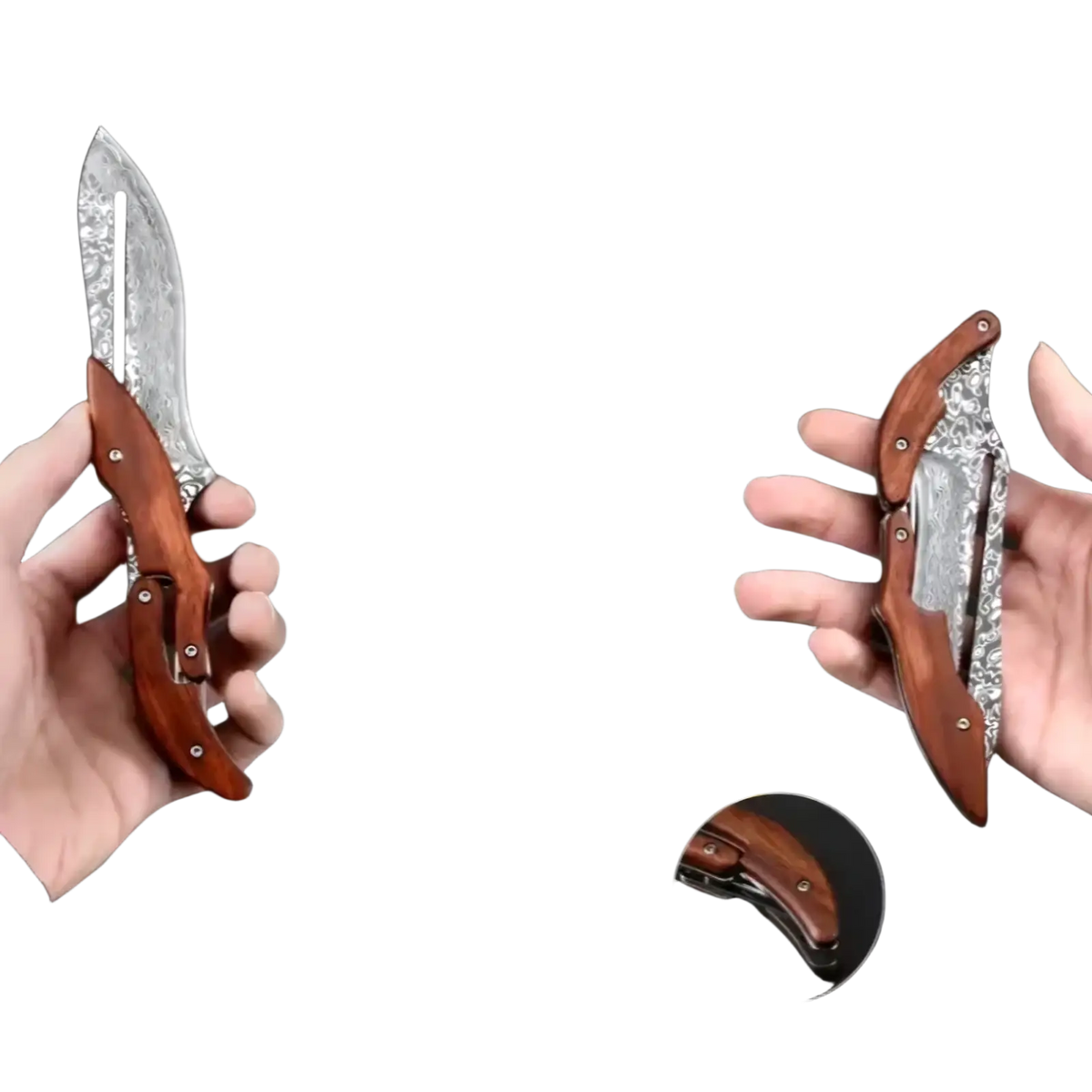 Damascus steel folding kitchen knife with damascus blade and rich dark wood handle in leather bag