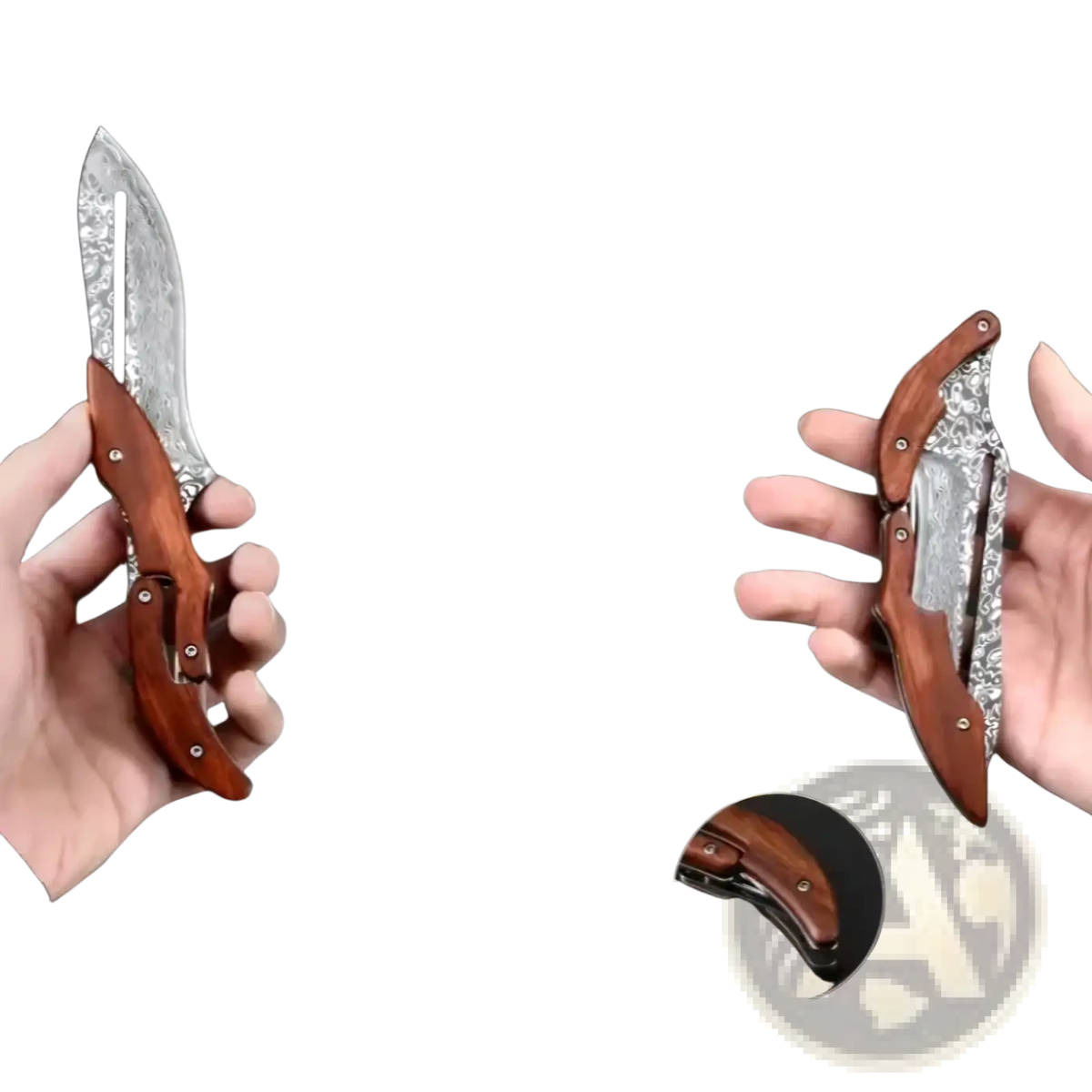 Damascus steel folding kitchen knife with damascus blade and rich dark wood handle in leather bag