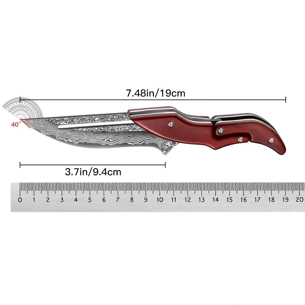 Damascus steel folding kitchen knife with a red handle and silver damascus steel blade with leather bag
