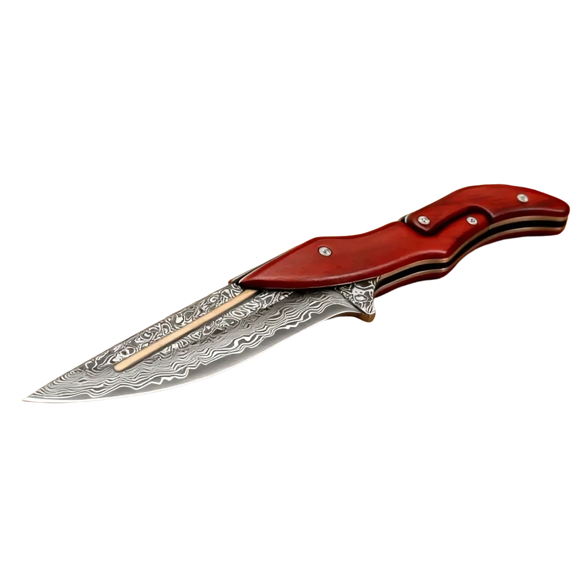 Damascus steel folding kitchen knife with red handle and intricate wavy blade pattern shown with leather bag
