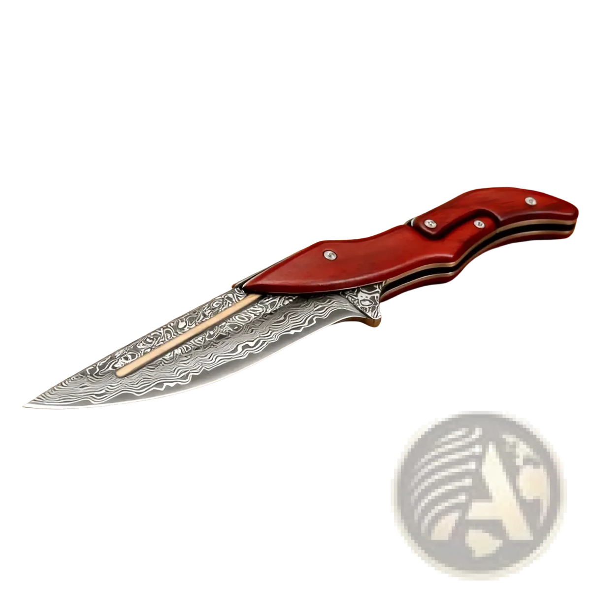 Damascus steel folding kitchen knife with red handle and intricate wavy blade pattern shown with leather bag