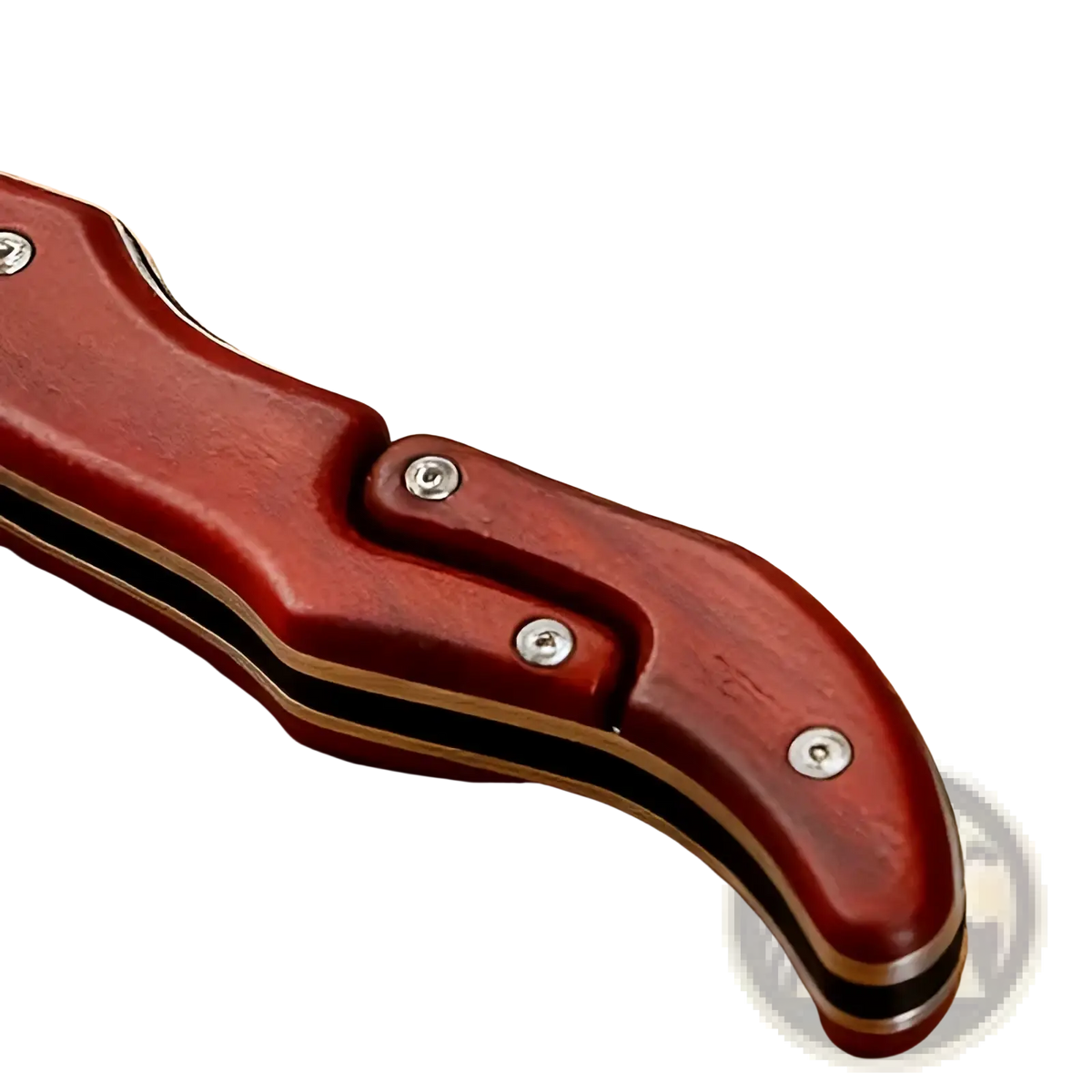 Damascus steel folding kitchen knife with rich reddish-brown wooden handle sleek metallic bolster and black accents