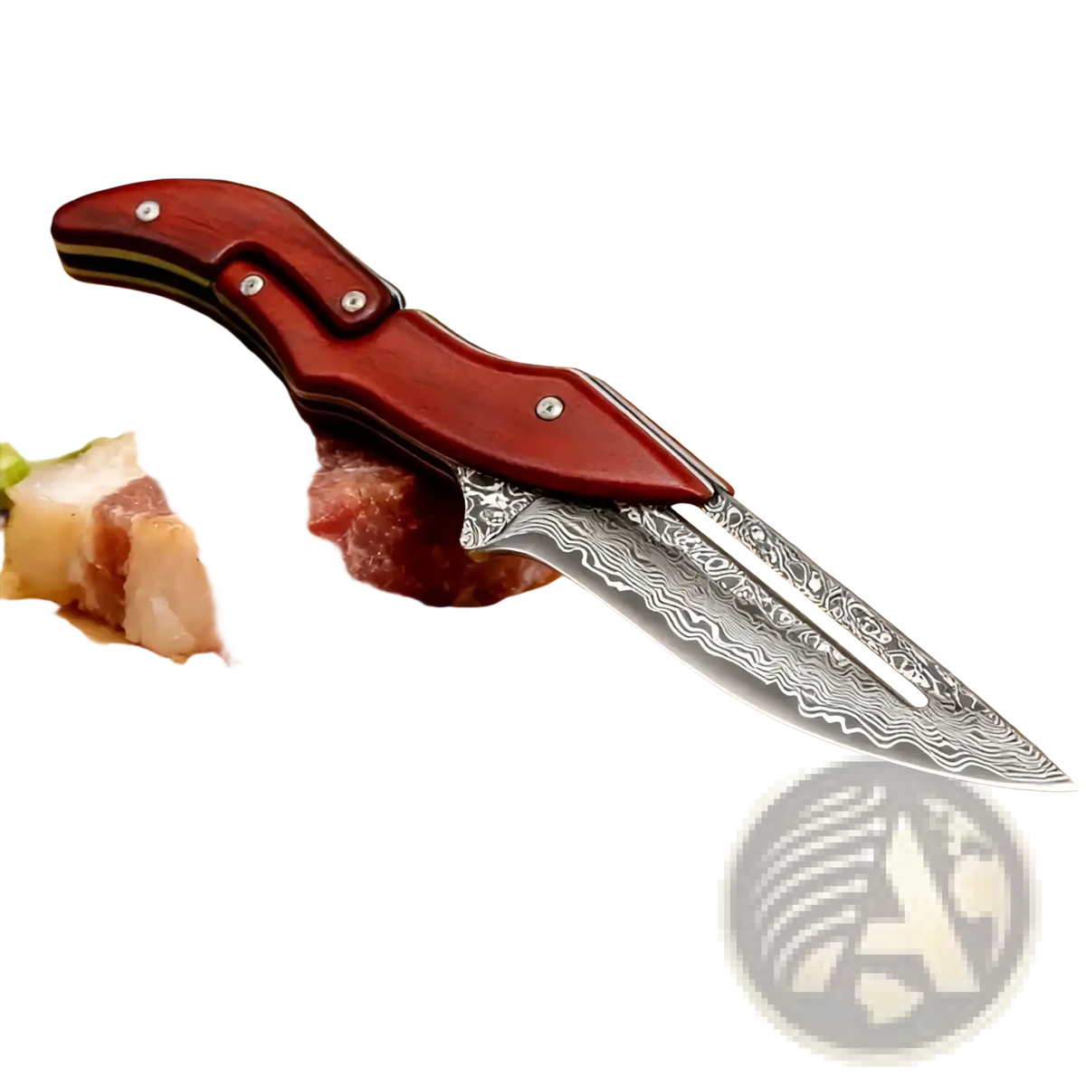 Damascus steel folding kitchen knife with red handle, intricate wavy blade patterns, and golden bolster with leather bag