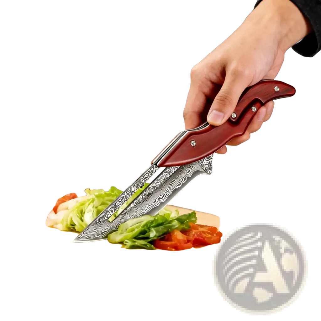 A sleek red-handled damascus steel folding kitchen knife slicing fresh vegetables on a wooden cutting board
