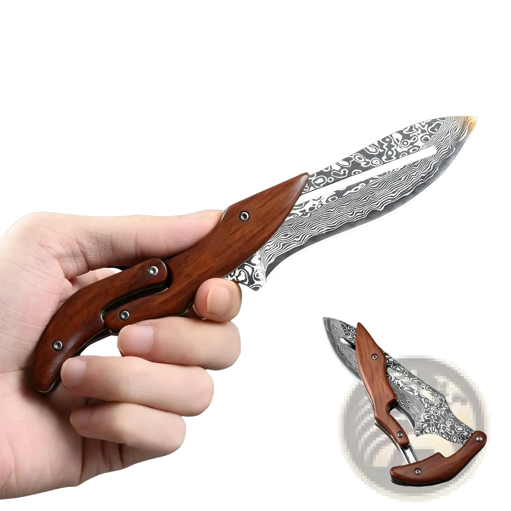 Damascus steel folding kitchen knife with wooden handle and intricate wave patterns in leather bag