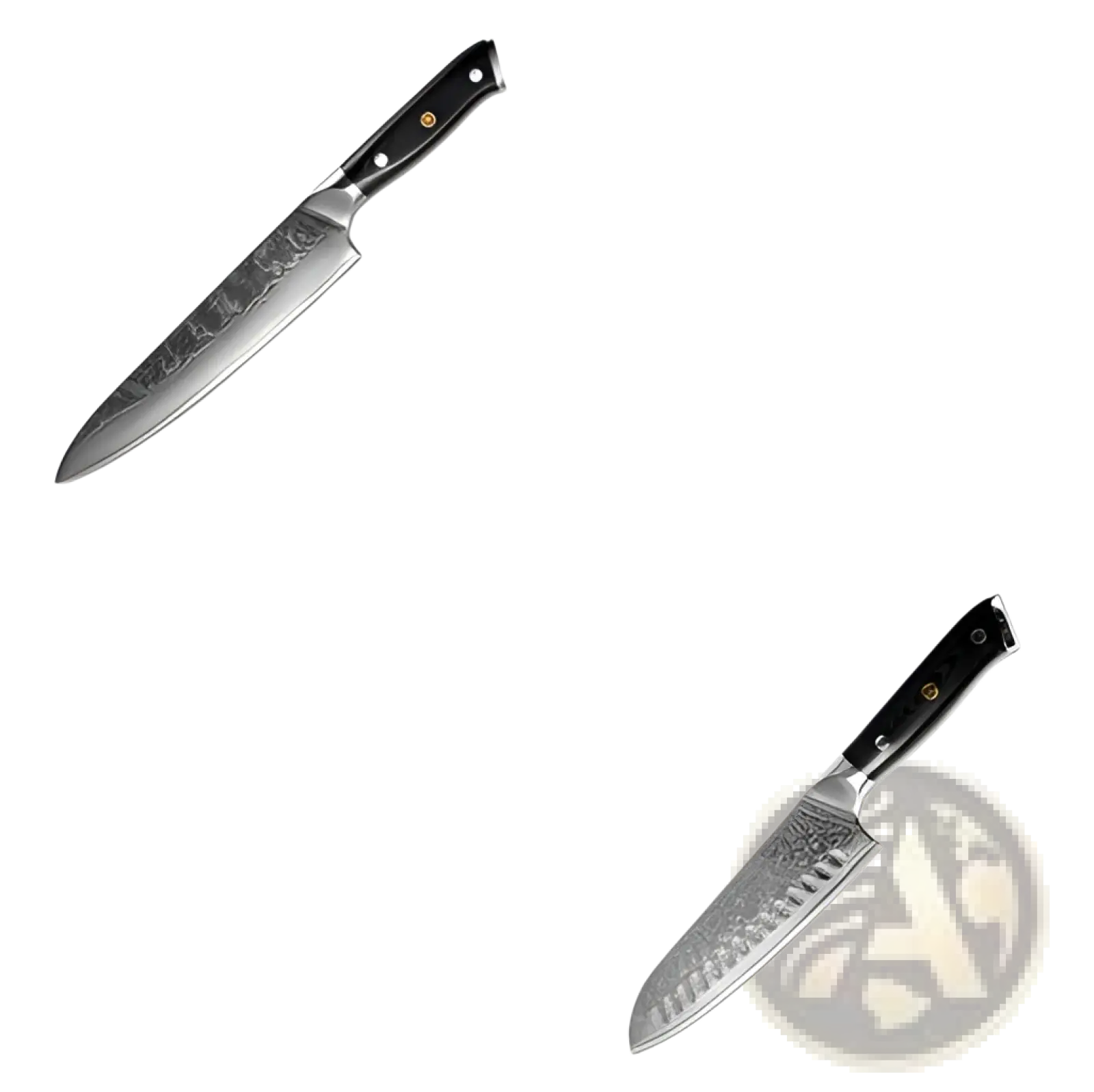 8 inch chef knife with damascus steel blade and black g10 handle with gold-colored rivets from kitchen knife set