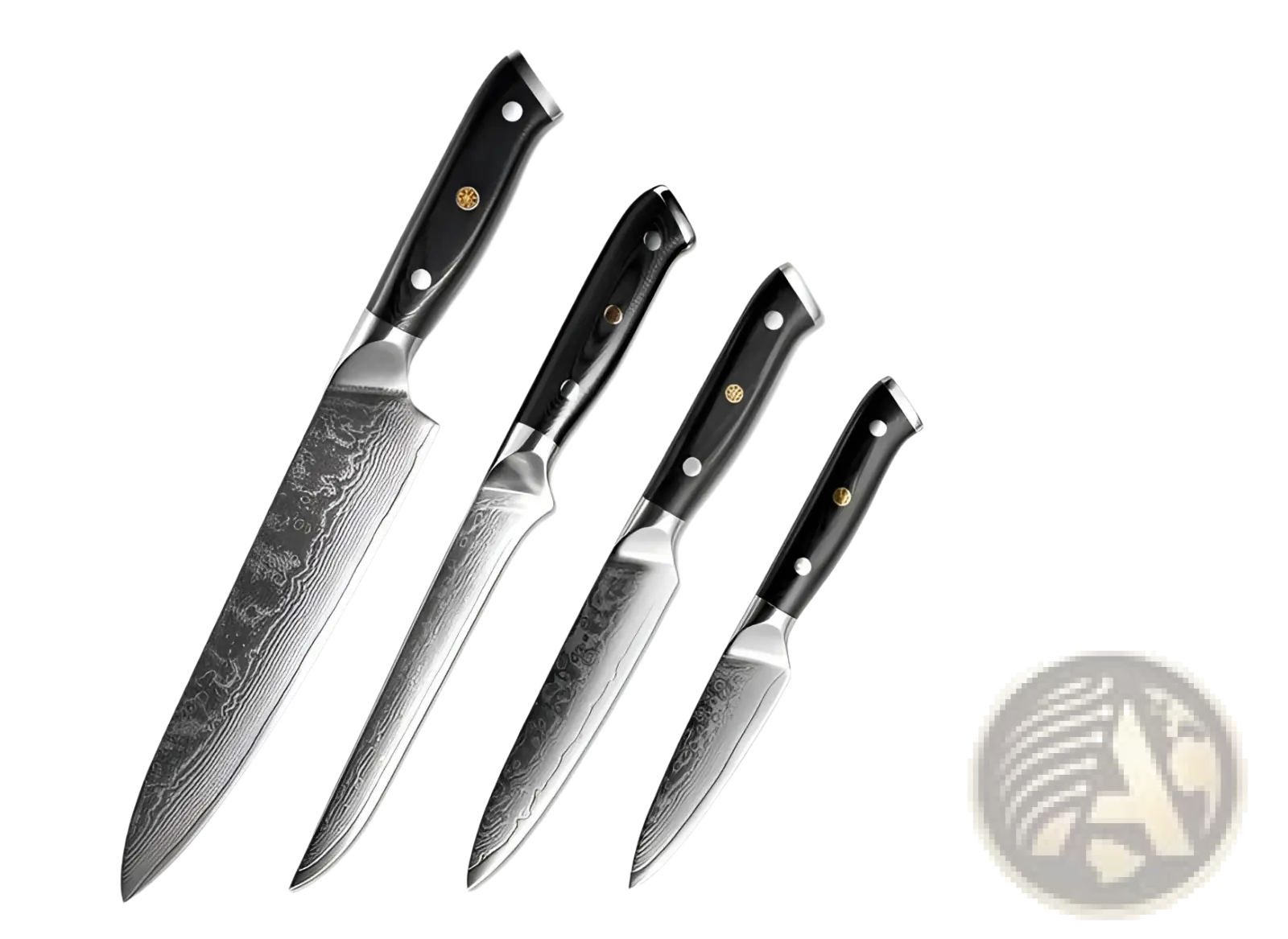 Set of four black-handled Damascus steel kitchen knives with sleek modern design and durable G10 handles