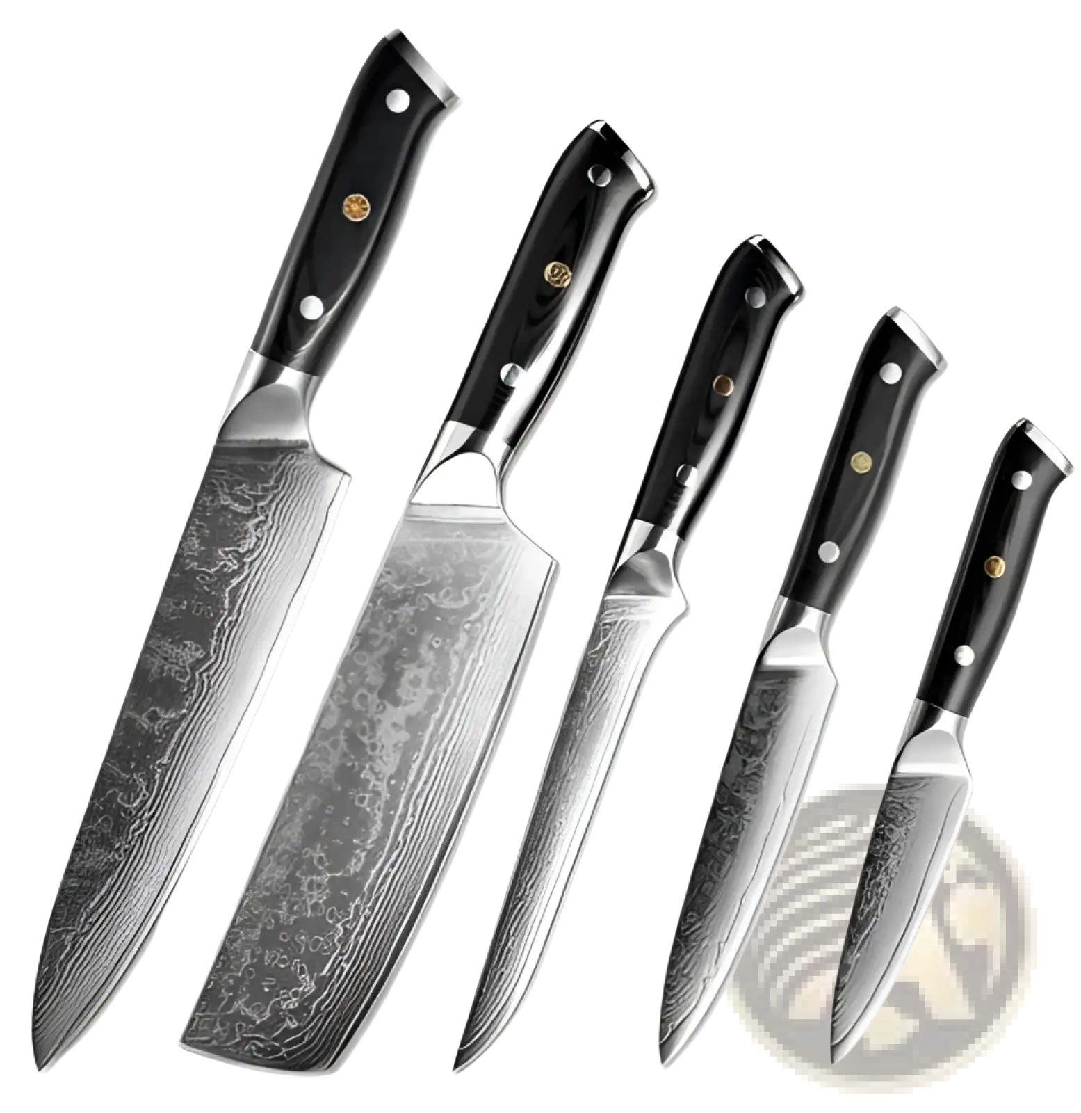 Five black-handled kitchen knives with damascus steel blades and gold rivets in a 4 piece g10 handle set