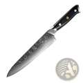 8-inch chef knife with sleek damascus steel blade and black textured g10 handle with gold accents from kitchen set