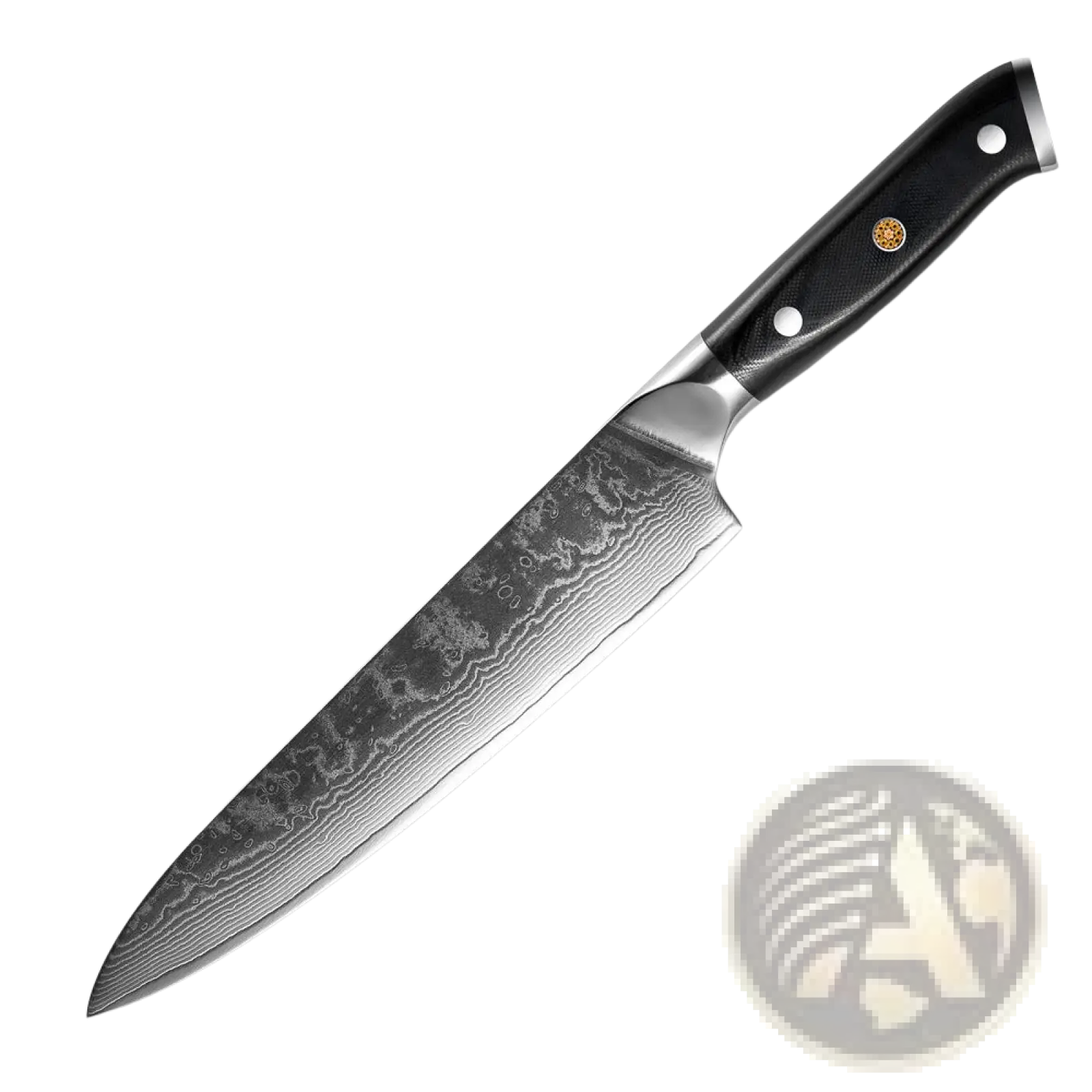 8-inch chef knife with sleek damascus steel blade and black textured g10 handle with gold accents from kitchen set