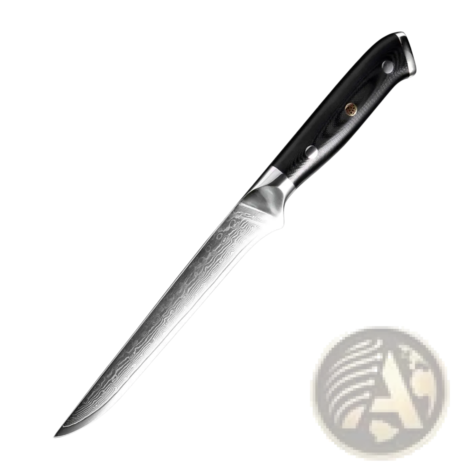 A sleek 6-inch damascus steel boning knife with black g10 handle and gold rivets from a kitchen knife set