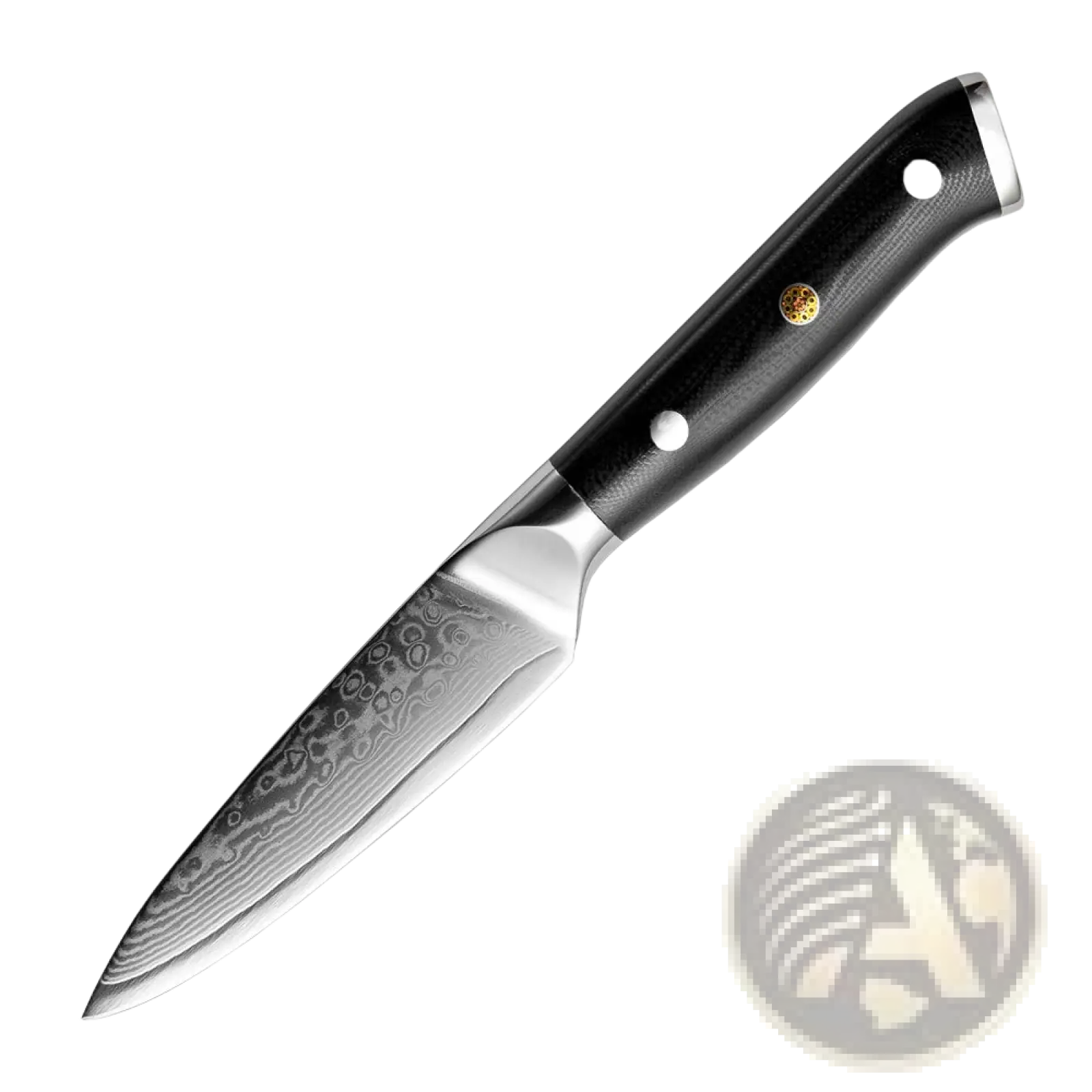 Black-handled 3.5-inch paring knife with damascus steel blade and silver-toned bolster from damascus steel kitchen knife set 4 piece g10 handle