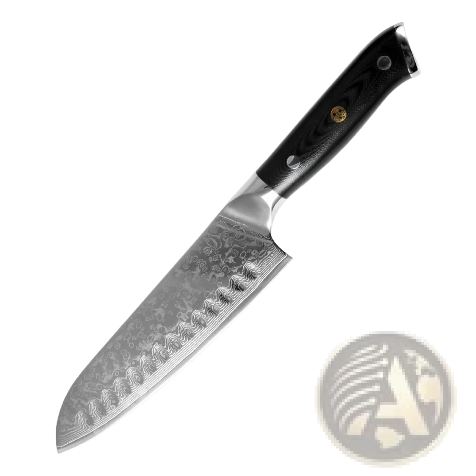 7-inch santoku knife with black g10 handle and damascus steel blade featuring intricate wavy patterns from a 4-piece set