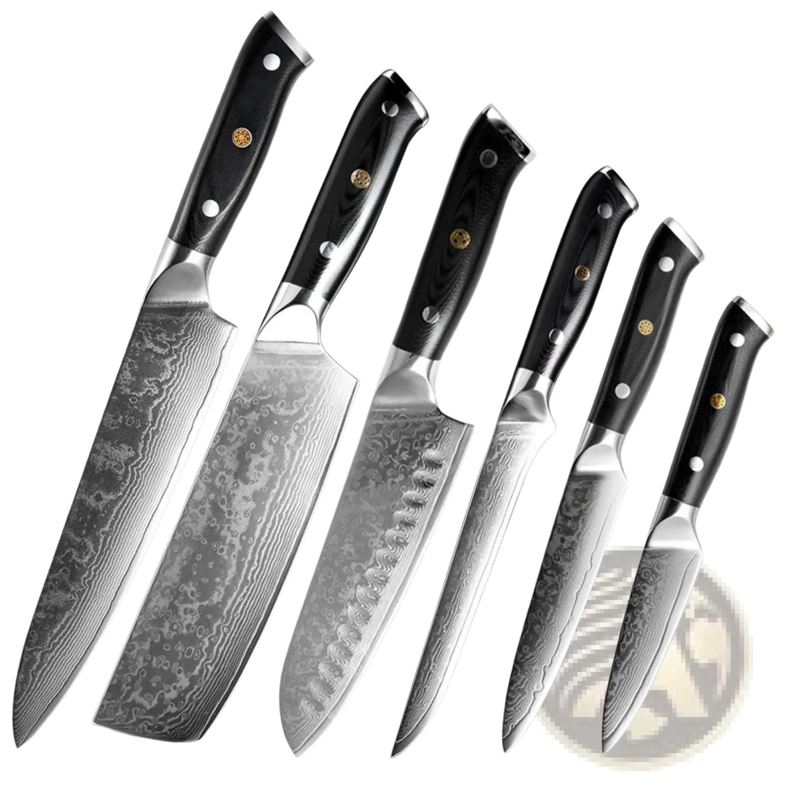 Set of six kitchen knives with black g10 handles and damascus steel blades featuring wavy patterns and gold accents