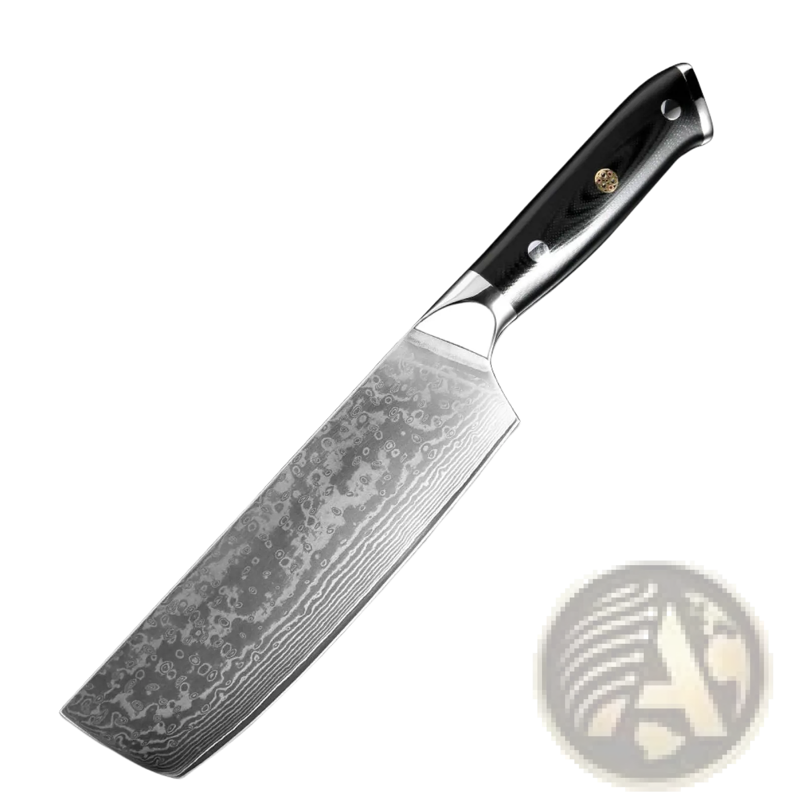 7-inch damascus steel cleaver knife with intricate wavy patterns and black g10 handle with gold rivets from 4 piece set