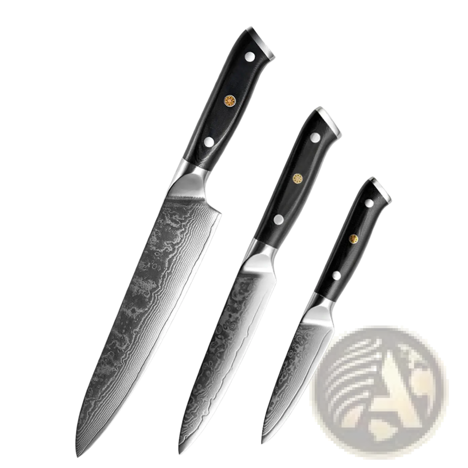 Set of three black-handled damascus steel kitchen knives with wavy blades and gold-colored inlays in 4 piece g10 handle set