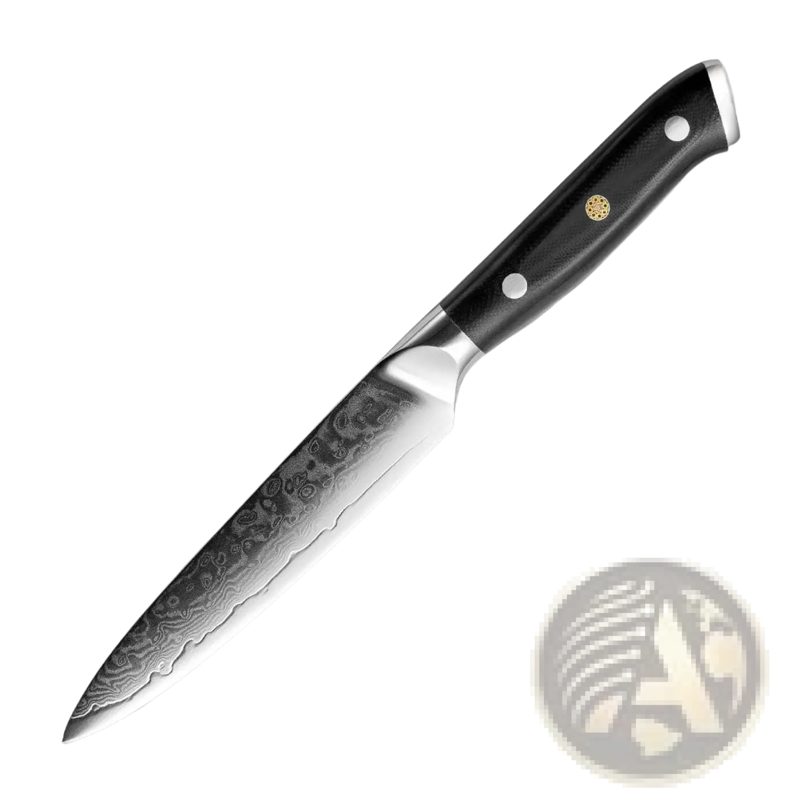 A 5-inch damascus steel utility knife with a sleek black g10 handle featuring gold accents in a 4 piece kitchen set