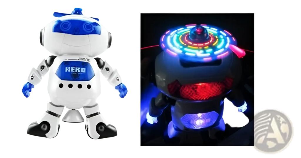 White and blue hero branded dance robot toy with articulated limbs and glowing LED lights around its head